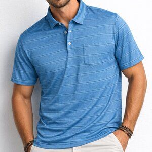 Fish Hippie Co Blue Striped Polo Shirt Men XXL Stretch Casual Golf Pocket 2XL